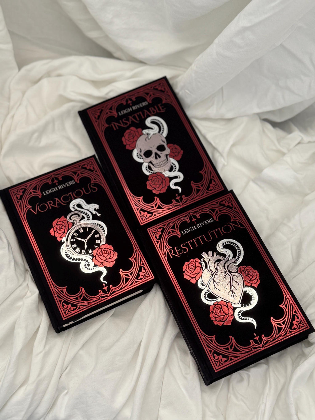 Edge of Darkness Trilogy Special Edition Rebind | Insatiable, Voracious, Restitution by Leigh Rivers | Wine Red & Silver Foil