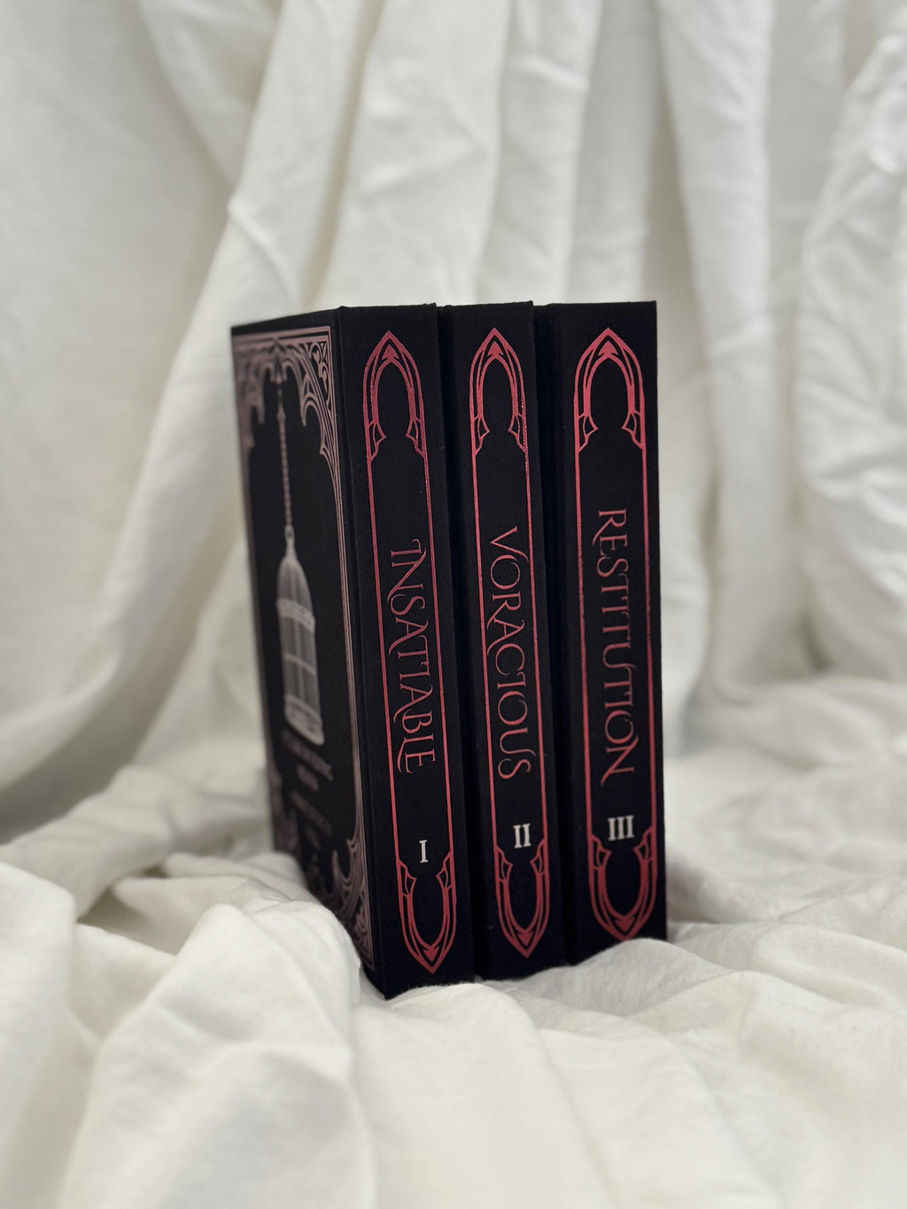 Edge of Darkness Trilogy Special Edition Rebind | Insatiable, Voracious, Restitution by Leigh Rivers | Wine Red & Silver Foil