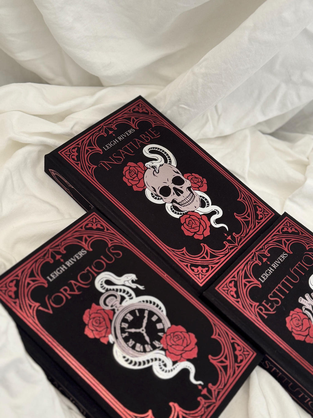 Edge of Darkness Trilogy Special Edition Rebind | Insatiable, Voracious, Restitution by Leigh Rivers | Wine Red & Silver Foil